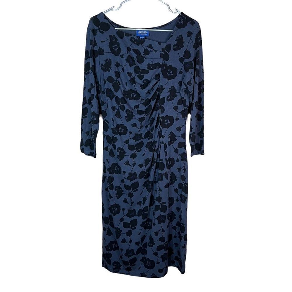 Pendleton Ruched Front Blue Black‎ Flower Print Dress Size Large Petite